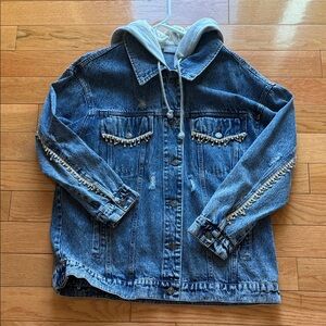 Denim Jacket with Hood and Rhinestone Fringe